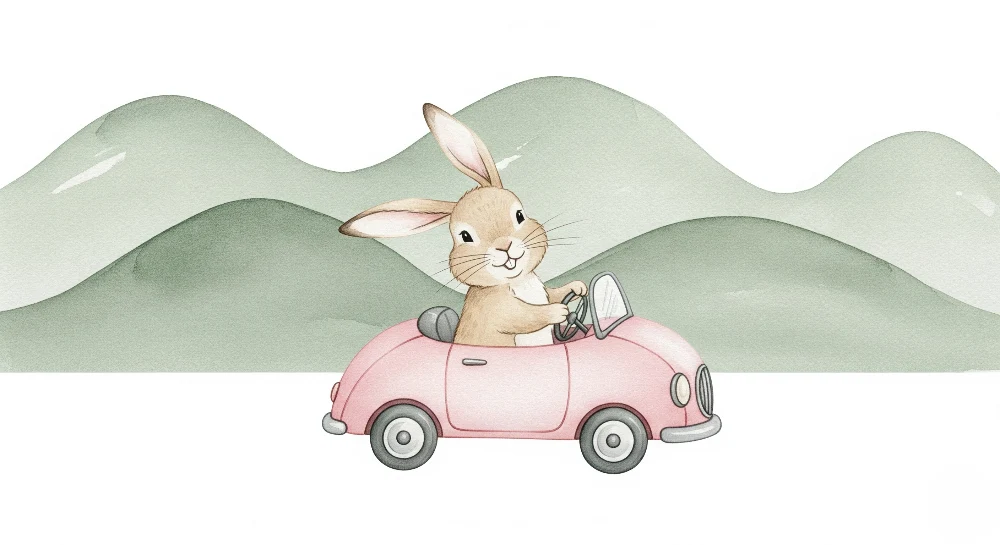 Babyzimmer Tapete | Fröhlicher Hase im rosa Auto