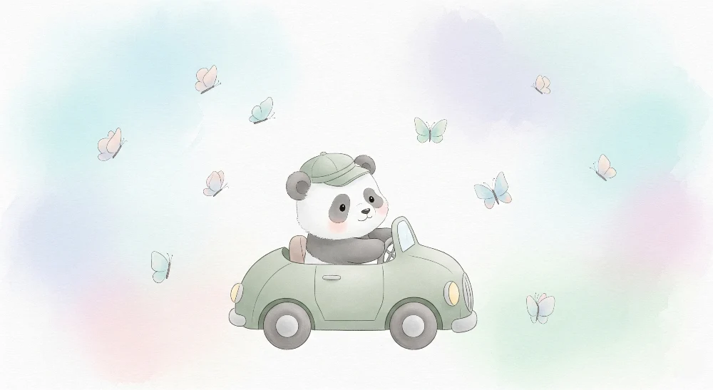 Babyzimmer Tapete | Niedlicher Panda im Auto mit Schmetterlingen