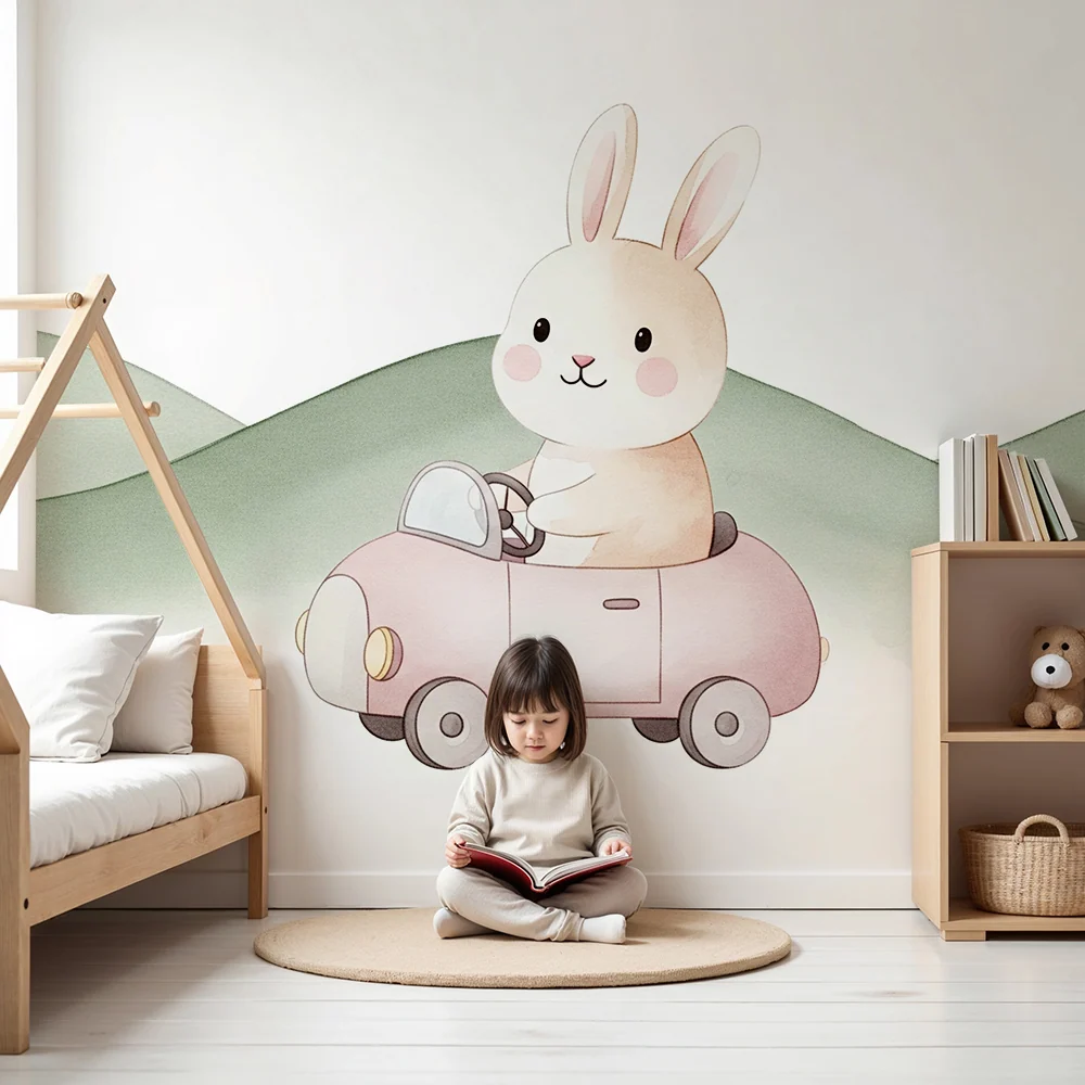 Babyzimmer Tapete | Niedliches Kaninchen einem Auto