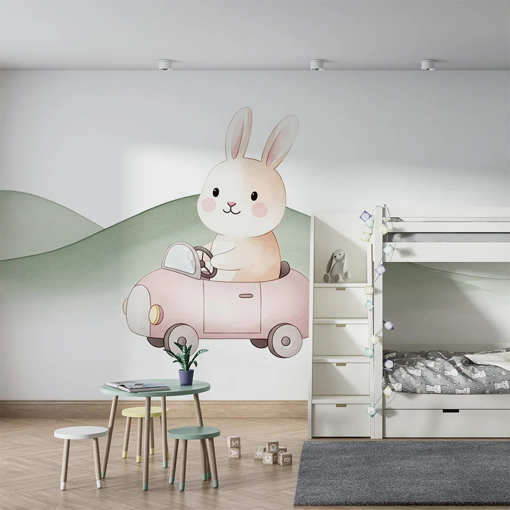 Babyzimmer Tapete | Niedliches Kaninchen einem Auto