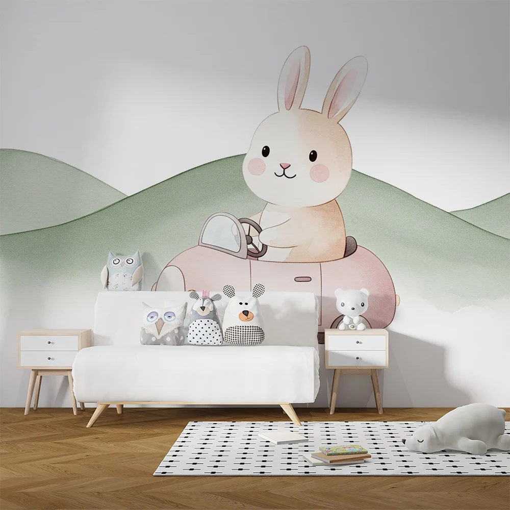 Babyzimmer Tapete | Niedliches Kaninchen einem Auto