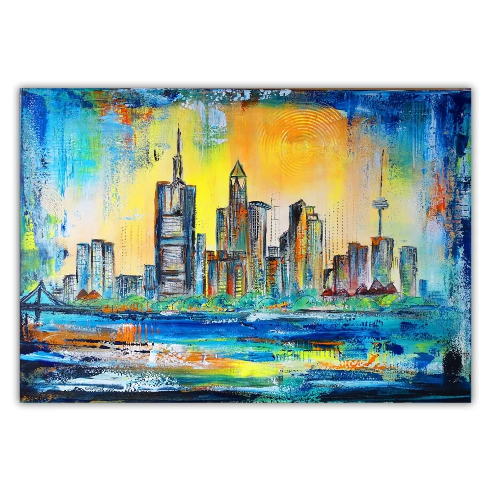 Frankfurt Skyline abstrakt gemaltes Stadtgemälde Acrylbild 100x80