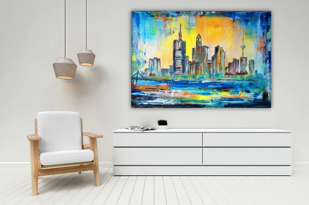 Frankfurt Skyline abstrakt gemaltes Stadtgemälde Acrylbild 100x80