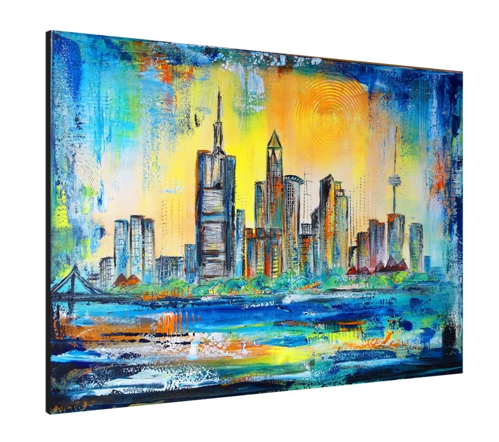 Frankfurt Skyline abstrakt gemaltes Stadtgemälde Acrylbild 100x80