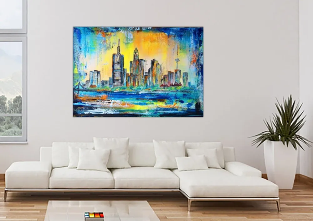 Frankfurt Skyline abstrakt gemaltes Stadtgemälde Acrylbild 100x80