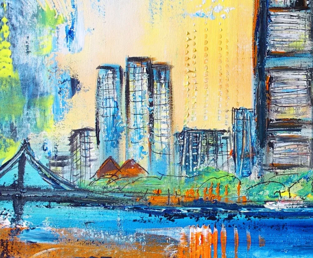 Frankfurt Skyline abstrakt gemaltes Stadtgemälde Acrylbild 100x80