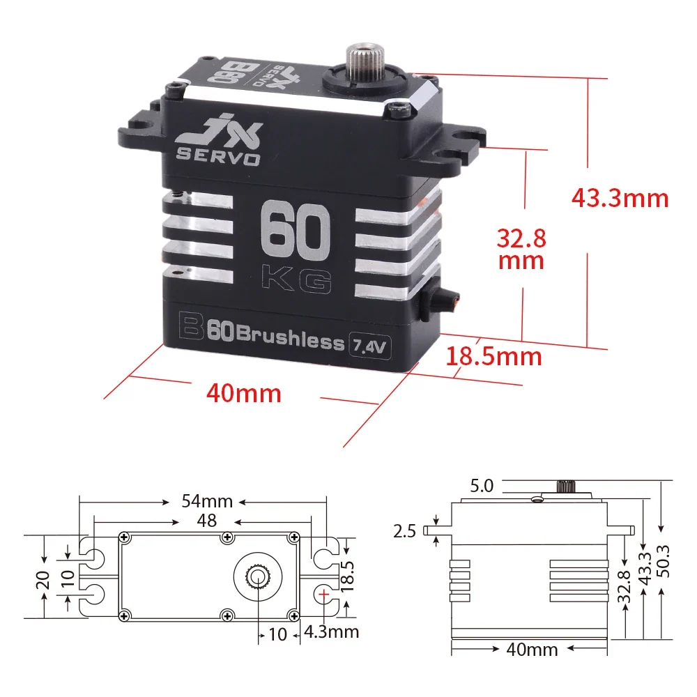 JX Servo B60 – 8,4 V, 60 kg, 0,11 Sek./60 °, hohes Drehmoment, bürstenloses Vollmetallgehäuse, Metallgetriebe, Servo für R...