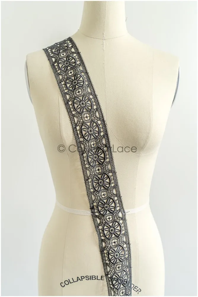 4yds / schwarze Boho Häkelspitze / geometrische Spitzen borte / Braut Guipure Spitzenbesatz / schwarze Spitze// T22-215