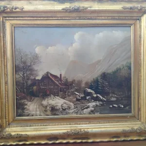 Öl auf Holz: Schneelandschaft mit Wassermühle