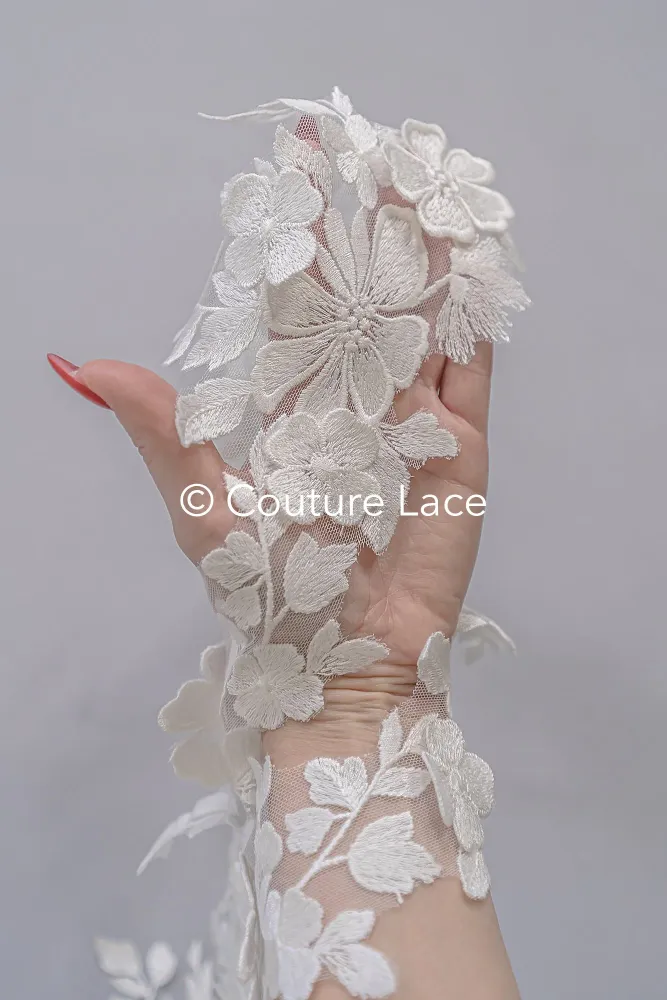 Florale 3D-Blumen Brautspitze Borte/ Blumige Spitzen-Kante für Brautkleider // T25-234