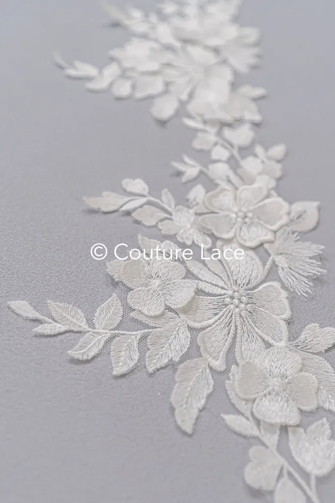 Florale 3D-Blumen Brautspitze Borte/ Blumige Spitzen-Kante für Brautkleider // T25-234