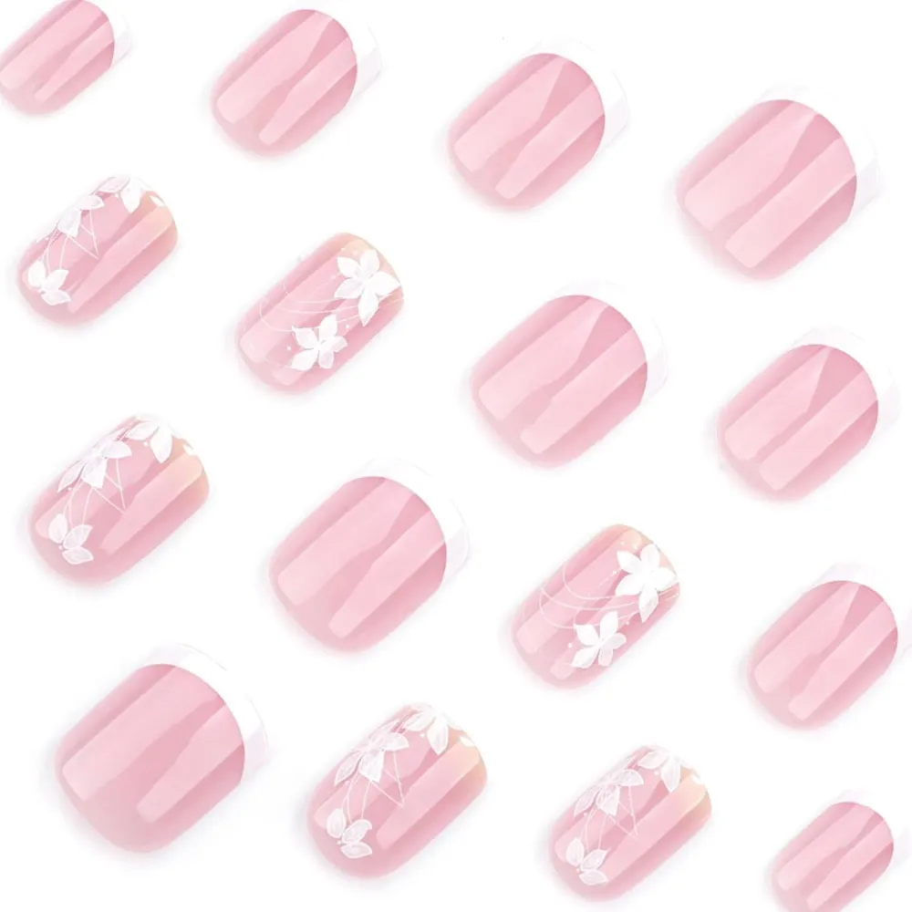 Kurze Square Pink White French Tip Press on Nägel 24 Stück