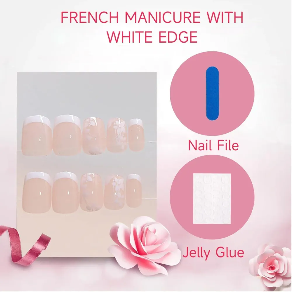 Kurze Square Pink White French Tip Press on Nägel 24 Stück