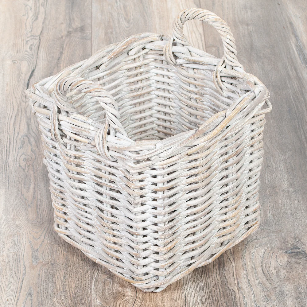 Landhaus Rattankorb BAKUL eckig White 30x30cm mit Griffen