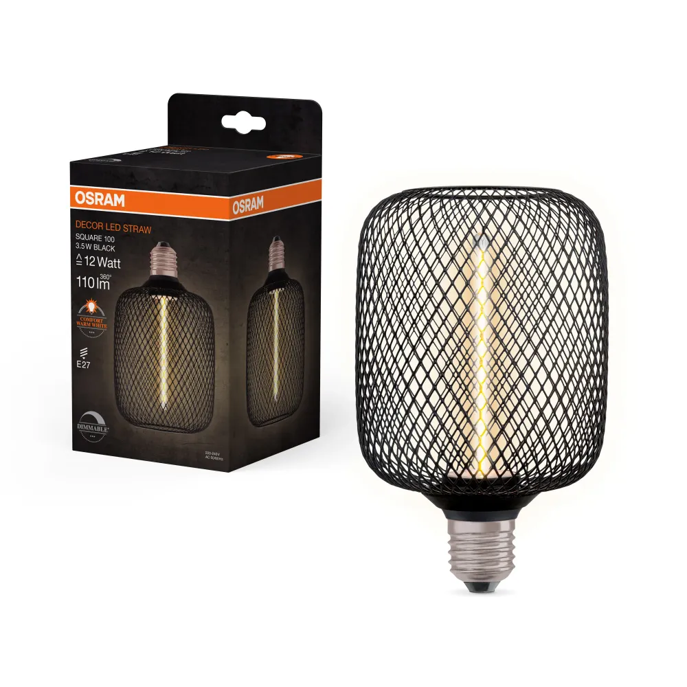 OSRAM DECOR LED Strohfilament Lampe Quadrat, Schwarz, 3.5W, 110lm , Comfort warm white , E27