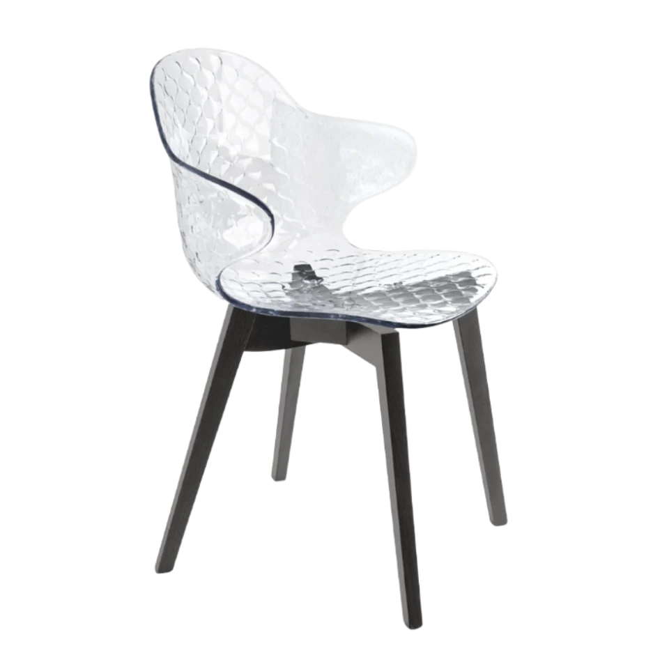 Stuhl SAINT TROPEZ mit transparentem Sitz und grauem Holzgestell