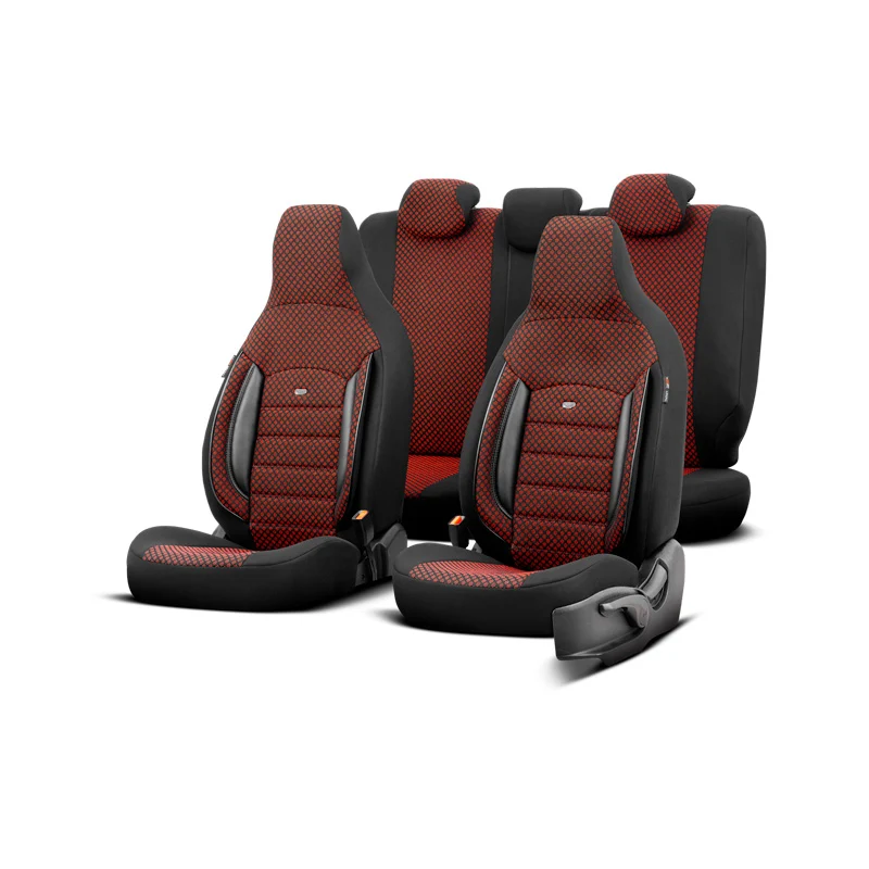 otoM, Universelle Stoff CityBug Sitzbezüge Sport Plus Schwarz/Rot - 9-Teilig- - passend für Side-Airbags, Schaumgummi, Tex...