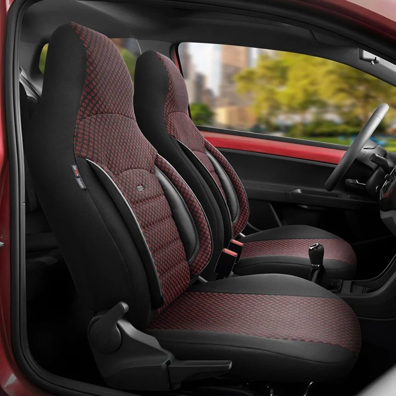 otoM, Universelle Stoff CityBug Sitzbezüge Sport Plus Schwarz/Rot - 9-Teilig- - passend für Side-Airbags, Schaumgummi, Tex...