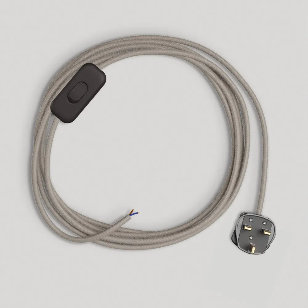 Kabelkonfektion für Lampe mit 1,80 m taupegrauem Baumwollkabel und UK-Stecker