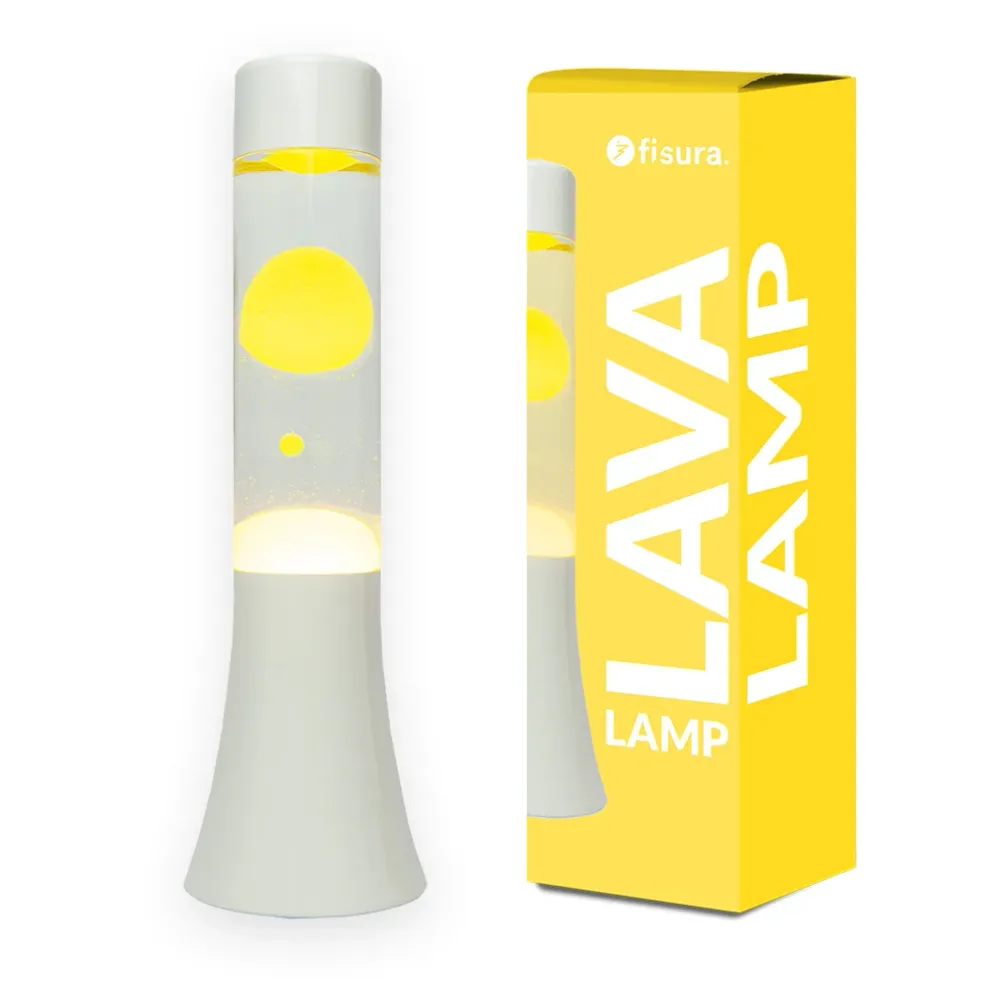 Gelbe Lavalampe 30 cm mit weißem Sockel und klarem Flüssigkeitseinsatz
