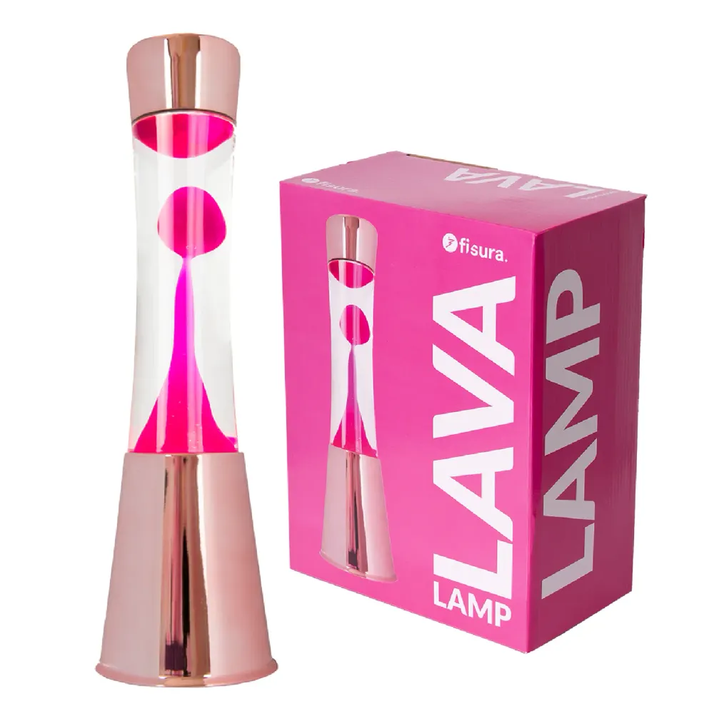 Lavalampe mit roségoldfarbener Basis, klarem Flüssigkeit und magentafarbener Lava