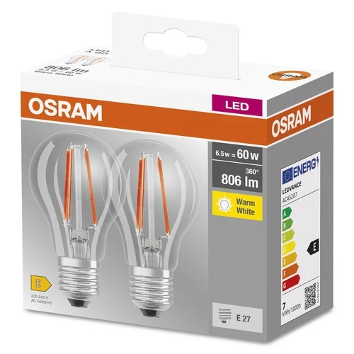 OSRAM BASE CL FIL 60 LED-Lampe, 6,5W, 806lm, Warmweiß, E27