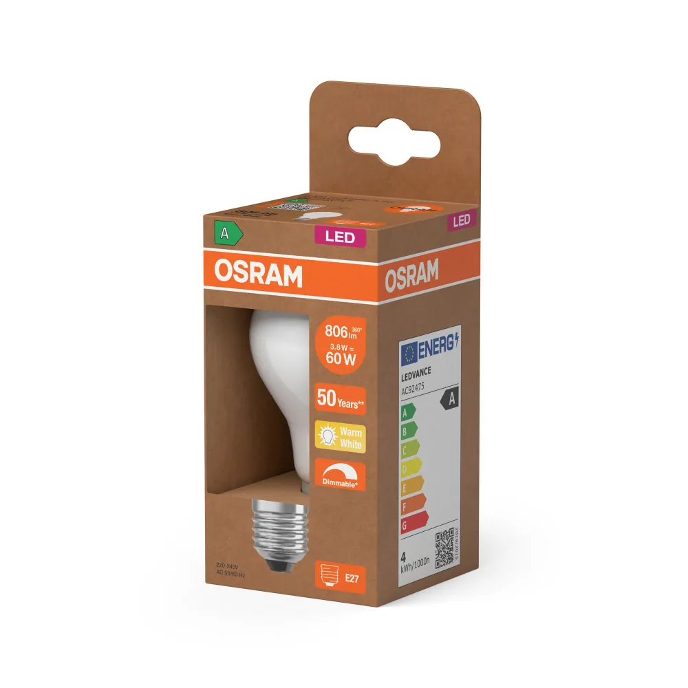 OSRAM Energy Class LED-Lampe, 3.8W, 806lm, Frosted, E27 , Warmweiß