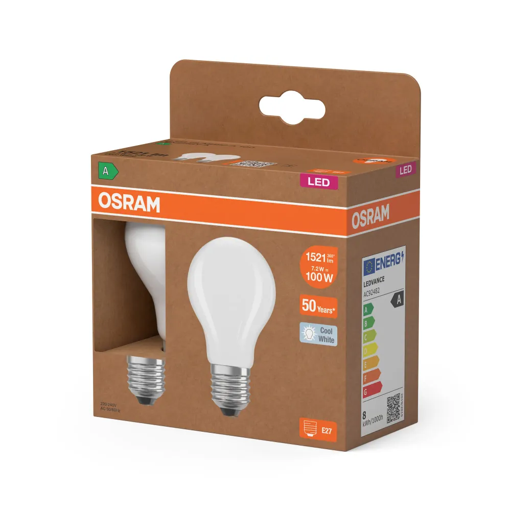 OSRAM Energy Class LED-Lampe, 7.2W, Frosted, EEK , Kaltweiß, 2er Pack , E27