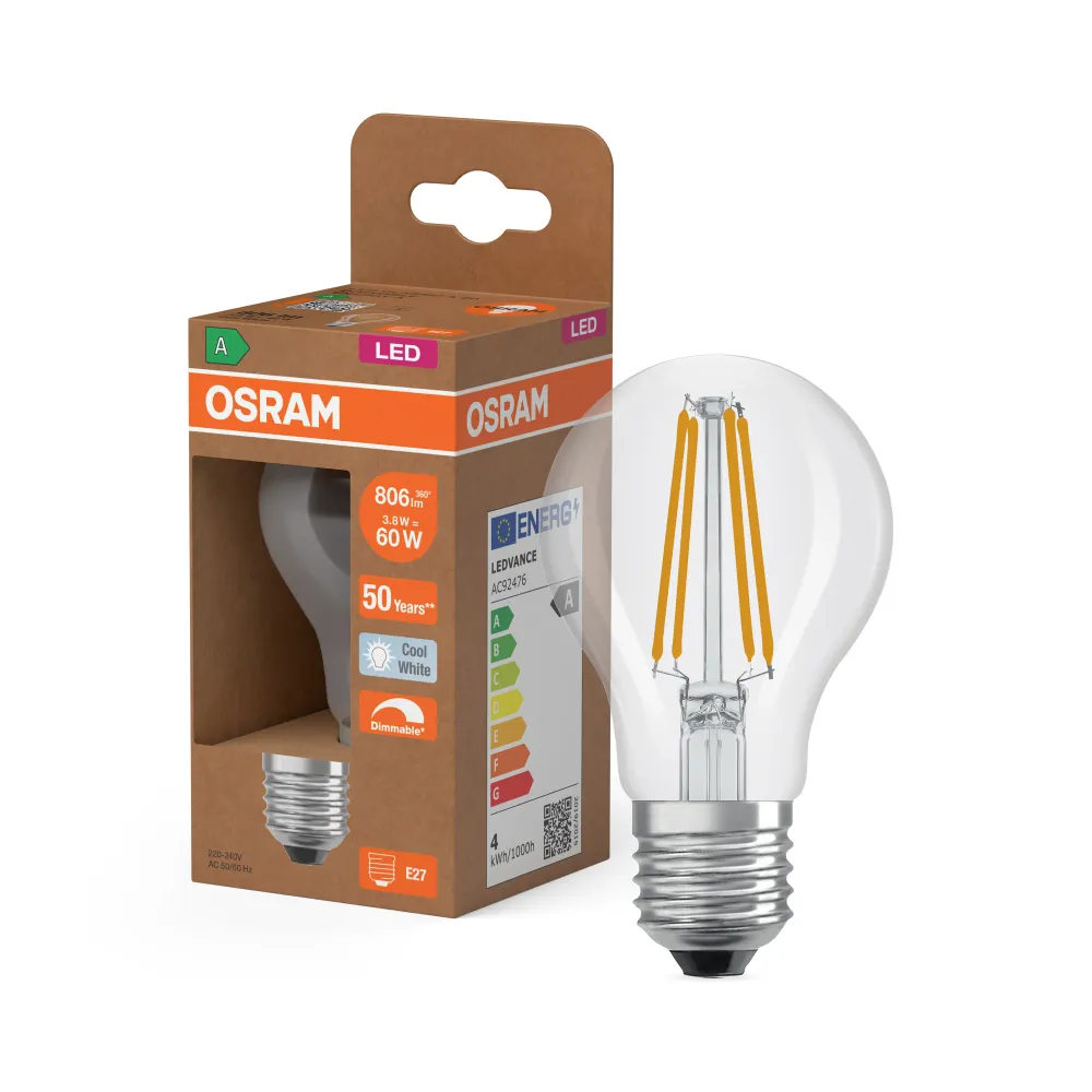 OSRAM Energy Class LED-Lampe, Kolbenform, 3.8W, Klar, E27 , Kaltweiß