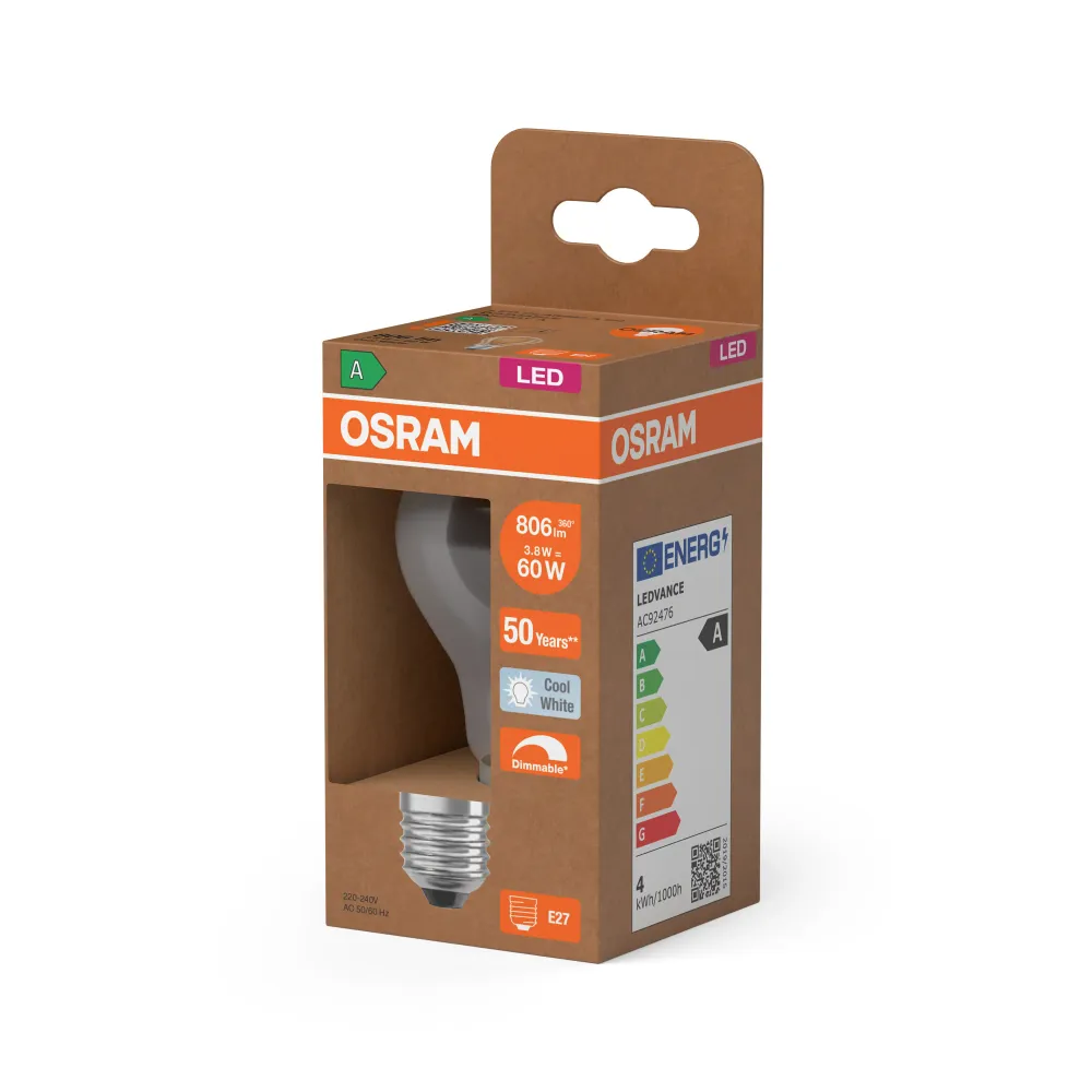 OSRAM Energy Class LED-Lampe, Kolbenform, 3.8W, Klar, E27 , Kaltweiß