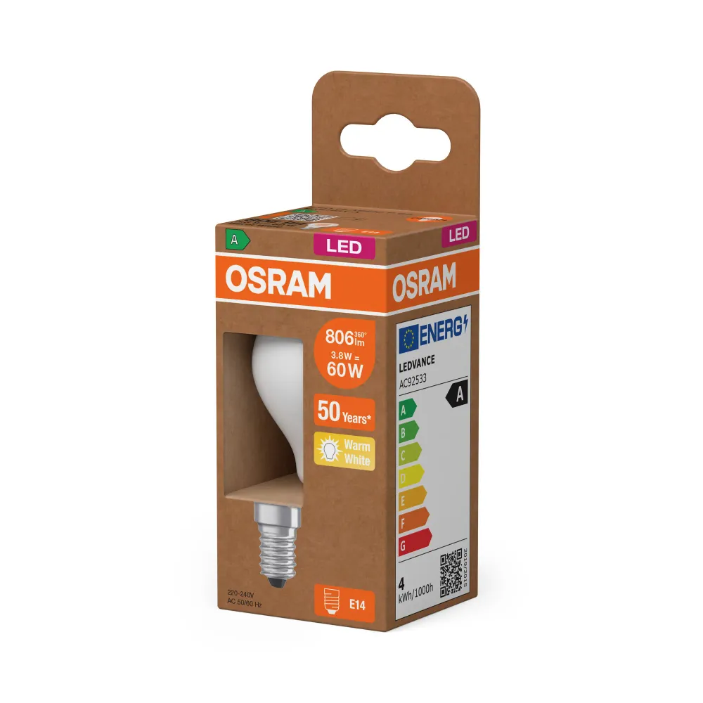 OSRAM Energy Class LED-Lampe, Miniball, 3.8W, Frosted, EEK , Warmweiß , E14