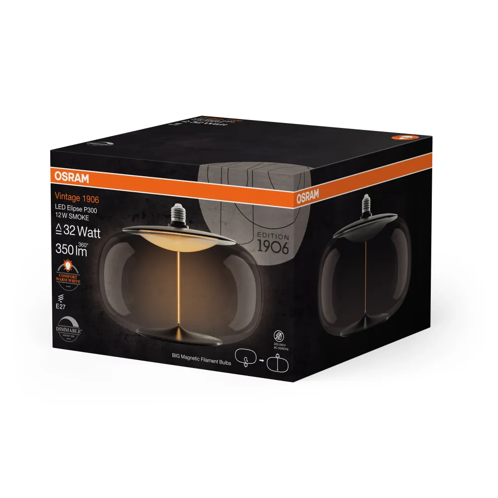 OSRAM Vintage 1906® LED BIG DECORATIVE BULB FILAMENT-MAGNETIC STYLE LED-Lampe Smoke, dimmbar, 12W, E27, ELIPSE , Comfort w...
