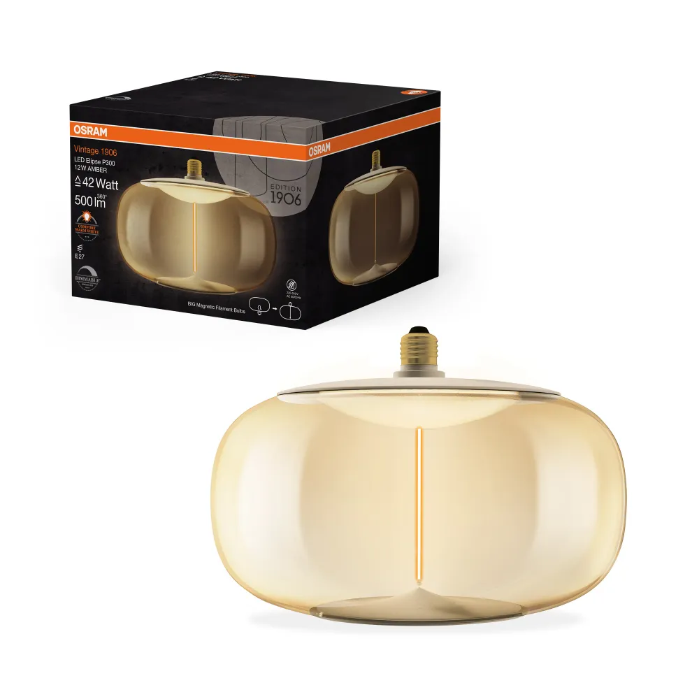 OSRAM Vintage 1906® LED BIG DECORATIVE BULB FILAMENT-MAGNETIC STYLE LED-Lampe Amber, dimmbar, 12W, E27, ELIPSE , Comfort w...
