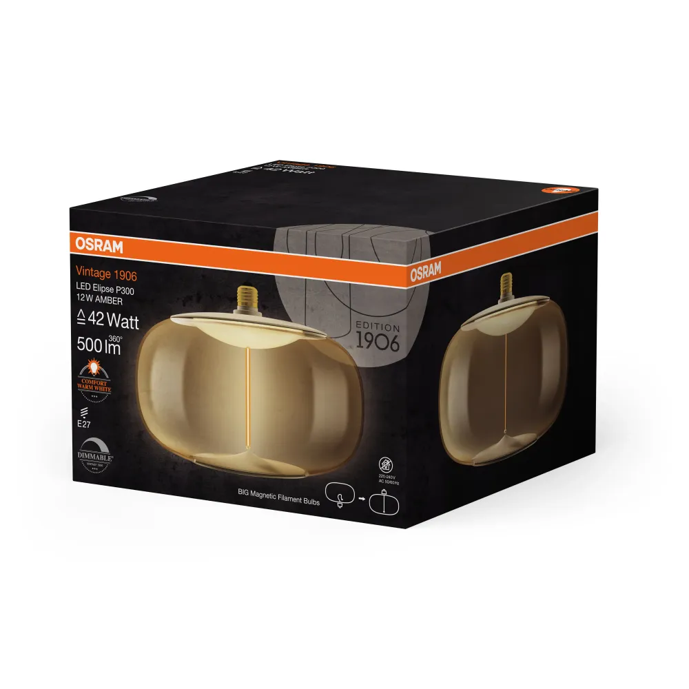OSRAM Vintage 1906® LED BIG DECORATIVE BULB FILAMENT-MAGNETIC STYLE LED-Lampe Amber, dimmbar, 12W, E27, ELIPSE , Comfort w...