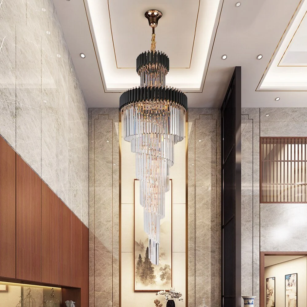 Luxuriöser Moderner Kristallkronleuchter Für Treppenhaus Langes Loft Schwarze Leuchte Villa Lobby Wohnzimmer Dia ATY Home...