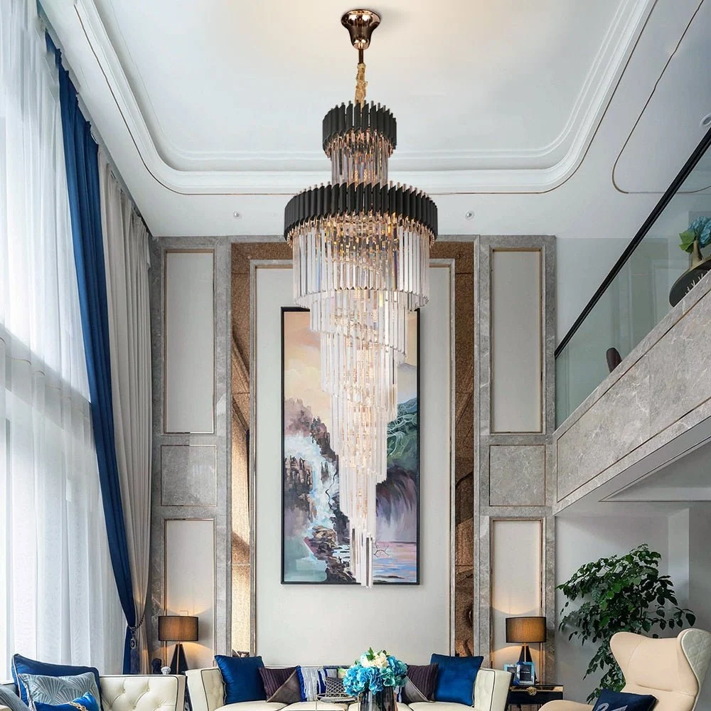 Luxuriöser Moderner Kristallkronleuchter Für Treppenhaus Langes Loft Schwarze Leuchte Villa Lobby Wohnzimmer Dia ATY Home...