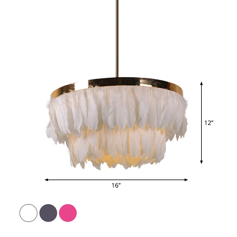 16"/19,5" B abgestufter konischer Kronleuchter Nordic Feather 3 Glühbirnen Grau/Weiß/Rot Deckenpendelleuchte für Schlafzim...