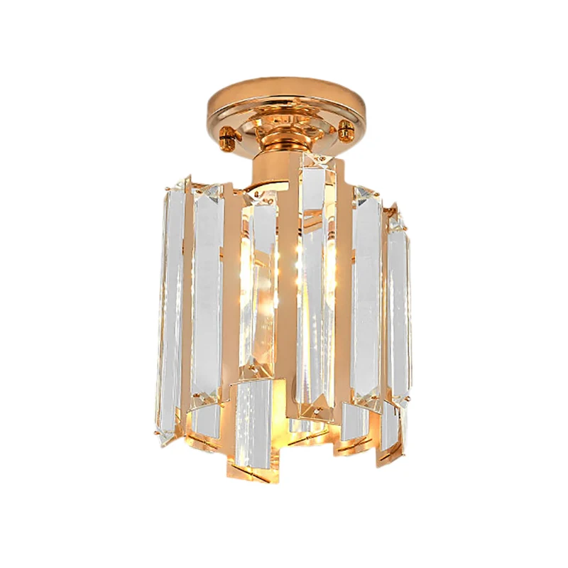 1-flammige, halbbündige, goldene moderne Zylinder-Deckenleuchte mit Kristallblock Gold Clearhalo