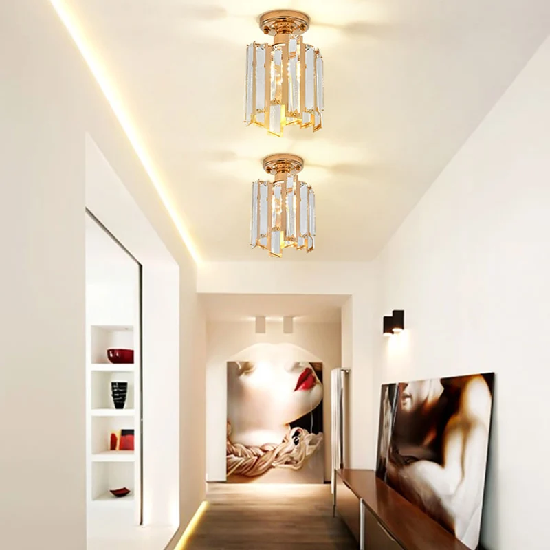 1-flammige, halbbündige, goldene moderne Zylinder-Deckenleuchte mit Kristallblock Gold Clearhalo