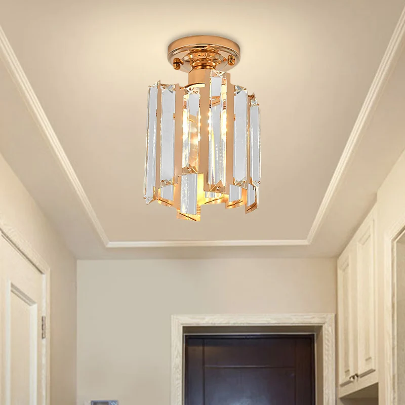 1-flammige, halbbündige, goldene moderne Zylinder-Deckenleuchte mit Kristallblock Gold Clearhalo
