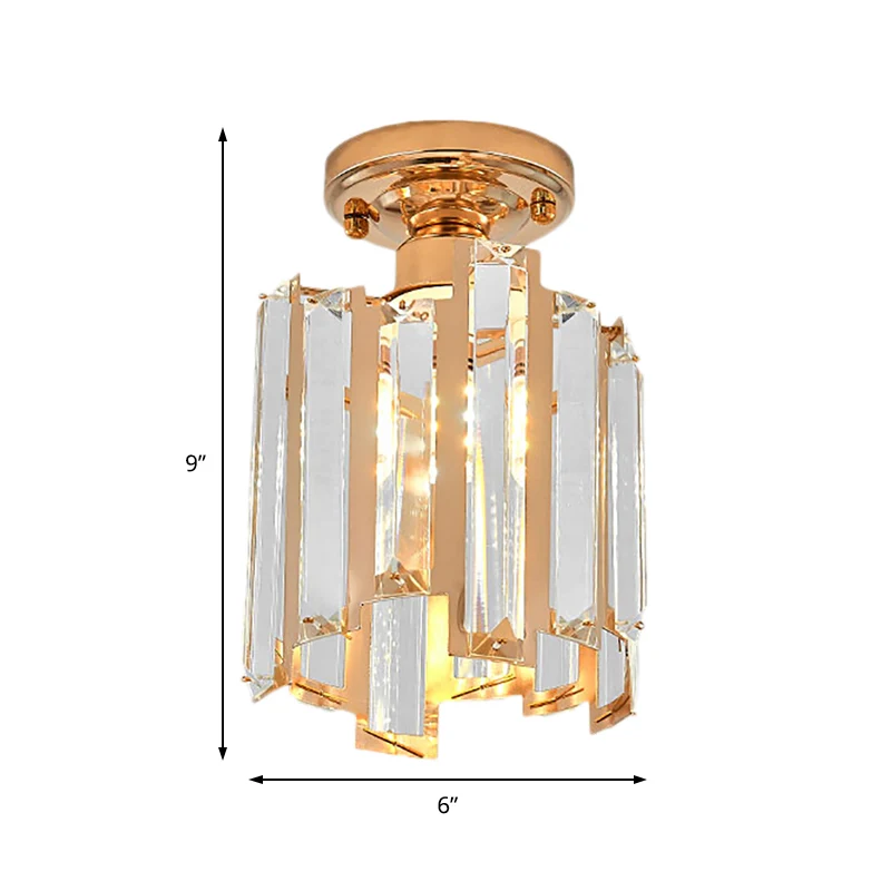 1-flammige, halbbündige, goldene moderne Zylinder-Deckenleuchte mit Kristallblock Gold Clearhalo