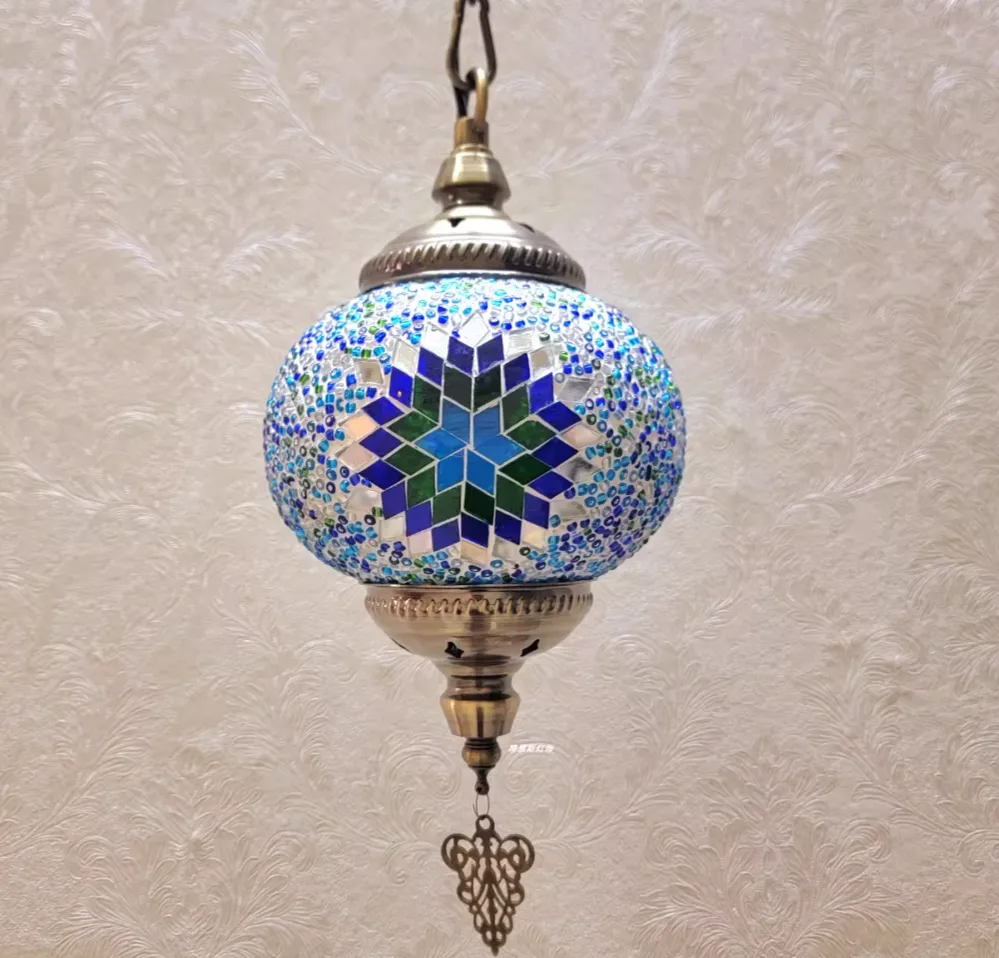 1-flammige kugelförmige Pendelleuchte, marokkanisches blaues Metall-Hängelampen-Set für das Esszimmer Clearhalo