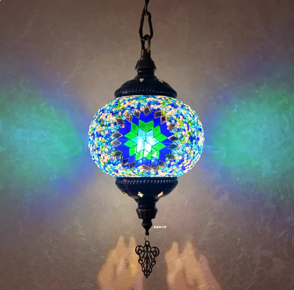 1-flammige kugelförmige Pendelleuchte, marokkanisches blaues Metall-Hängelampen-Set für das Esszimmer Clearhalo