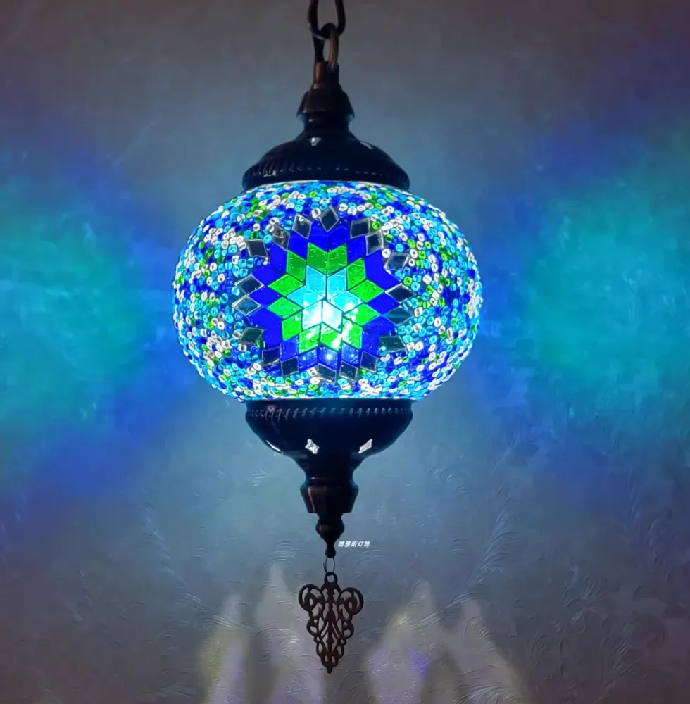 1-flammige kugelförmige Pendelleuchte, marokkanisches blaues Metall-Hängelampen-Set für das Esszimmer Clearhalo