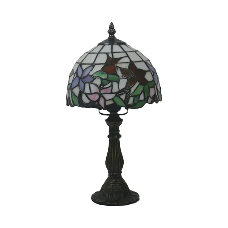 1-flammige Nachttischleuchte im Barockstil mit gewölbtem Kunstglas und Blumenmuster, Nachtbeleuchtung Rot/Rosa für Schlafz...