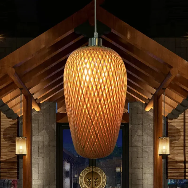 1-flammige Restaurant-Pendelleuchte, traditionelles Holz-Hängelampen-Set mit geflochtenem Bambusschirm Clearhalo
