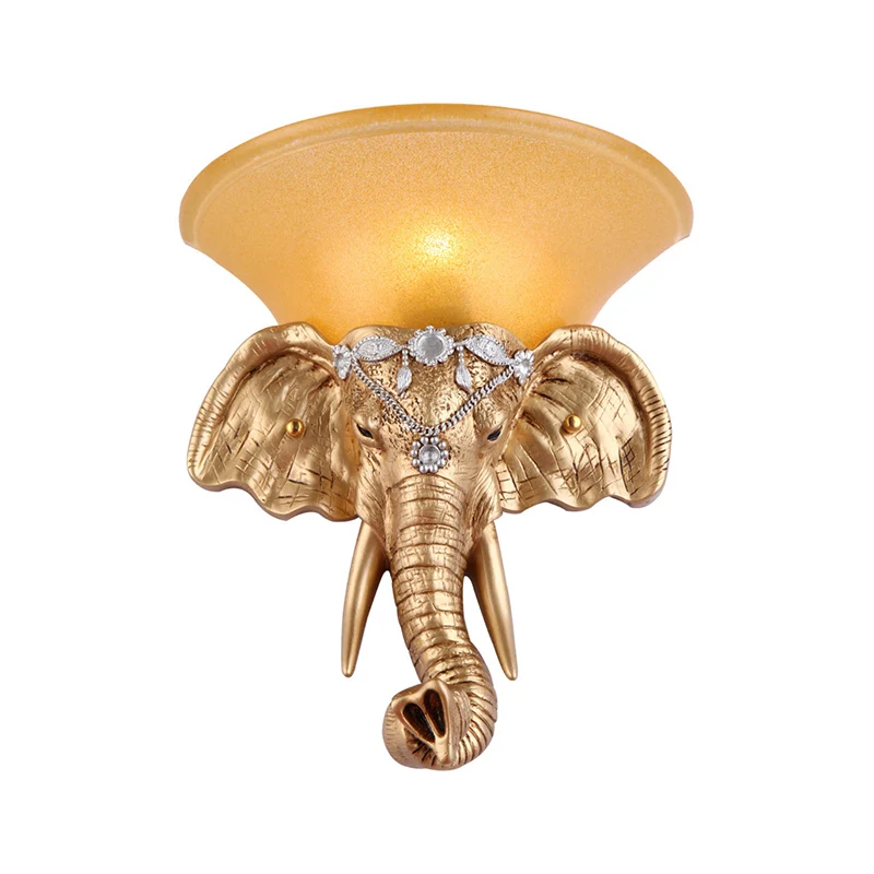 1-flammige Wandleuchte aus Kunstharz im Retro-Stil, goldener Elefantenkopf, Schlafzimmer-Wandleuchte mit ausgestelltem gel...