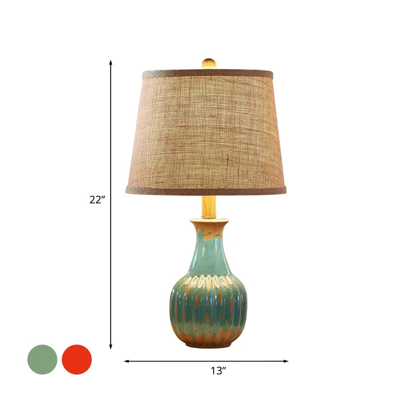 1-flammiges Keramik-Nachtlicht im ländlichen Stil, rote/blaue Vase, Schlafzimmer-Nachttischlampe mit konischem Trommel-Sto...