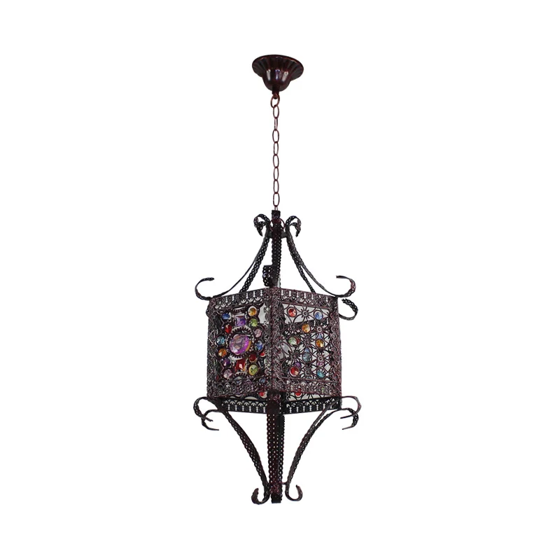 1-Kopf-Hängeleuchte aus gebeiztem Kunstglas, Bohemia-Kupfer-Sechskant-Laterne, Schlafzimmer-Deckenleuchte mit Scroll-Arm C...