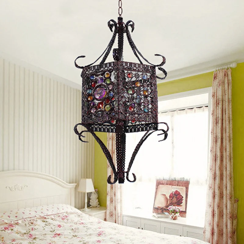 1-Kopf-Hängeleuchte aus gebeiztem Kunstglas, Bohemia-Kupfer-Sechskant-Laterne, Schlafzimmer-Deckenleuchte mit Scroll-Arm C...